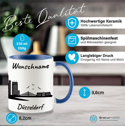 Tasse in Cambridge Blau 330ml bedruckt mit der Skyline von Düsseldorf personalisierbar mit Wunschname