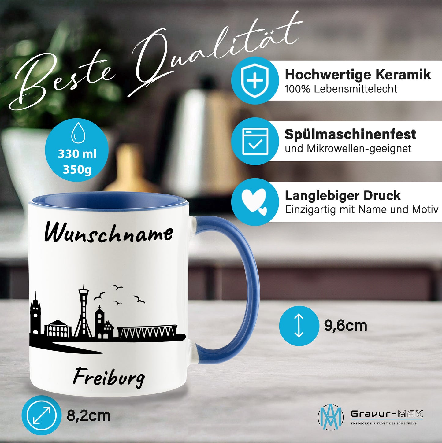 Tasse in Cambridge Blau 330ml bedruckt mit der Skyline von Freiburg personalisierbar mit Wunschname