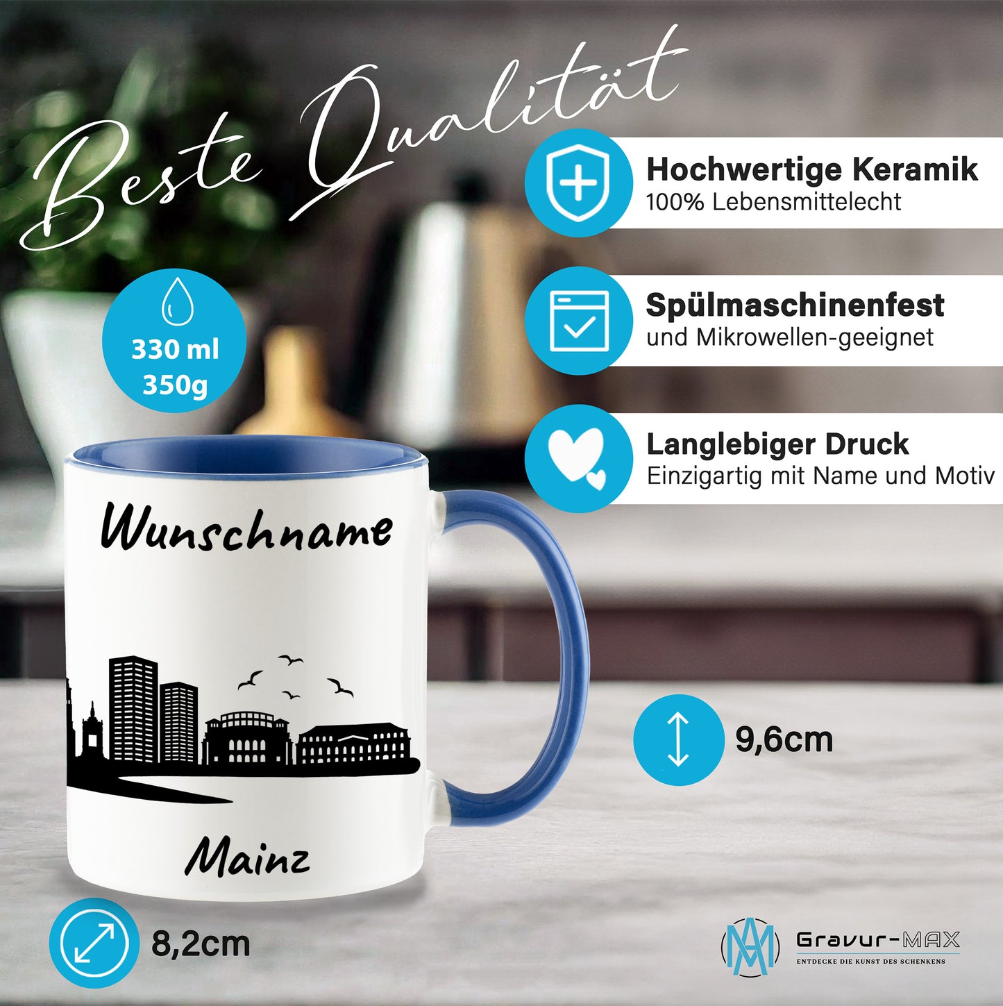 Tasse in Cambridge Blau 330ml bedruckt mit der Skyline von Mainz personalisierbar mit Wunschname