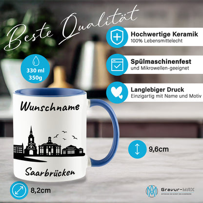 Tasse in Cambridge Blau 330ml bedruckt mit der Skyline von Saarbrücken personalisierbar mit Wunschname