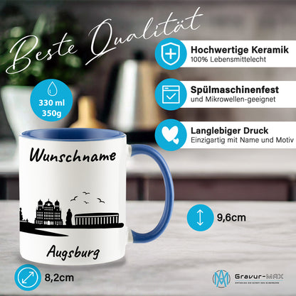 Tasse in Cambridge Blau 330ml bedruckt mit der Skyline von Augsburg personalisierbar mit Wunschname