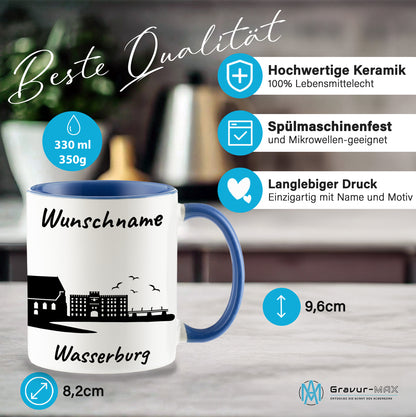 Tasse in Cambridge Blau 330ml bedruckt mit der Skyline von Wasserburg personalisierbar mit Wunschname