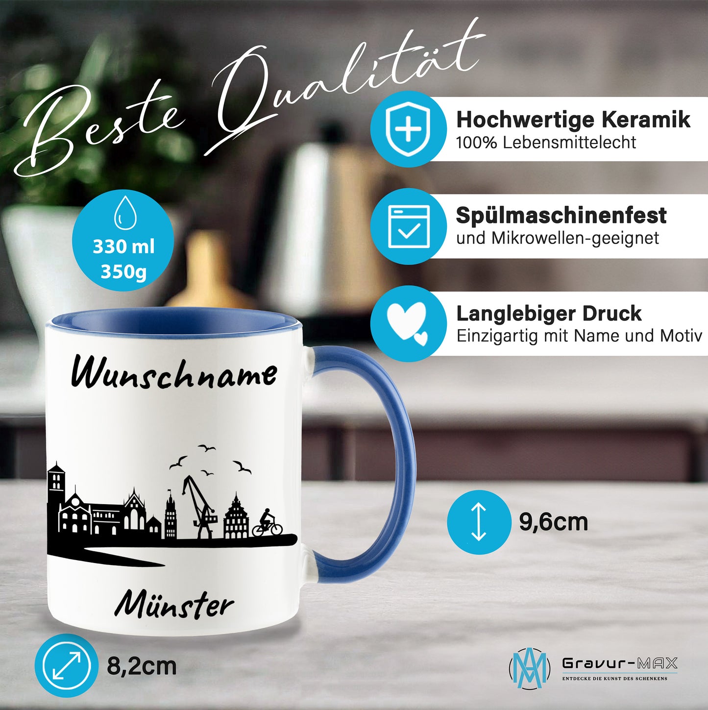 Tasse in Cambridge Blau 330ml bedruckt mit der Skyline von Münster personalisierbar mit Wunschname