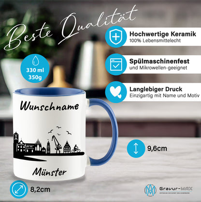 Tasse in Cambridge Blau 330ml bedruckt mit der Skyline von Münster personalisierbar mit Wunschname