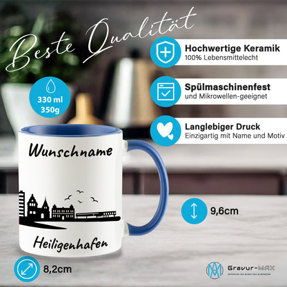 Tasse in Cambridge Blau 330ml bedruckt mit der Skyline von Heiligenhafen personalisierbar mit Wunschname