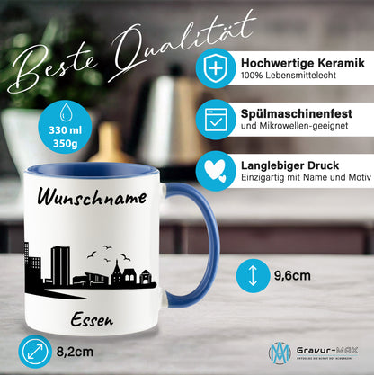 Tasse in Cambridge Blau 330ml bedruckt mit der Skyline von Essen personalisierbar mit Wunschname