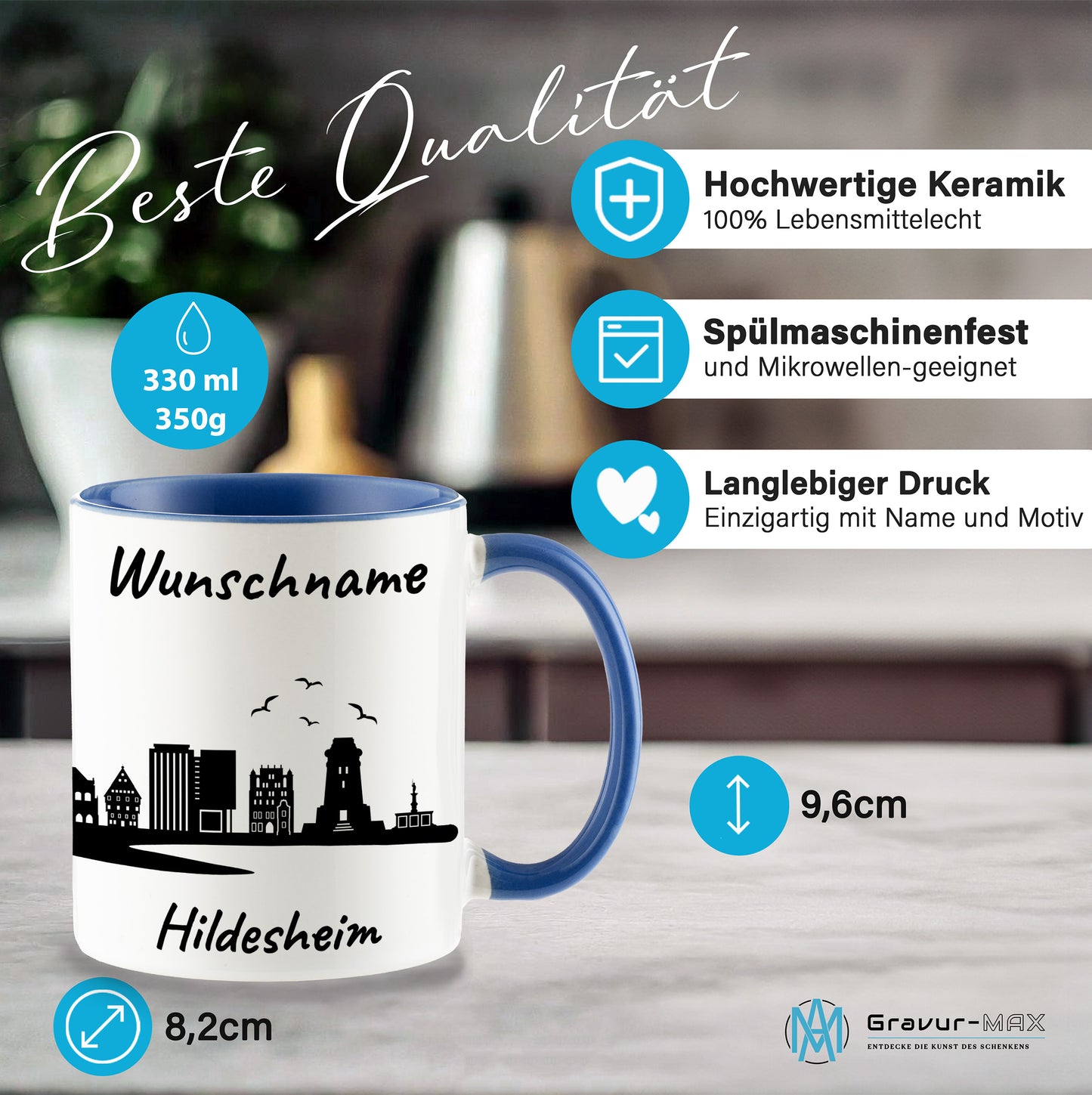 Tasse in Cambridge Blau 330ml bedruckt mit der Skyline von Hildesheim personalisierbar mit Wunschname