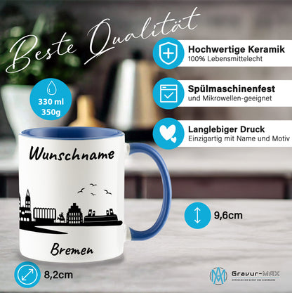 Tasse in Cambridge Blau 330ml bedruckt mit der Skyline von Bremen personalisierbar mit Wunschname