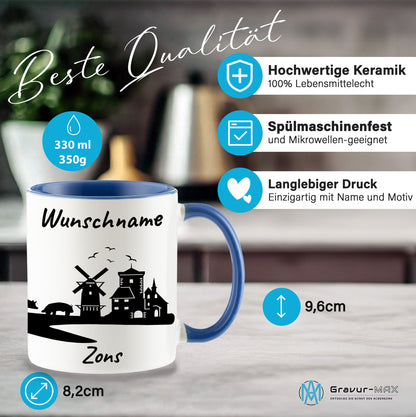 Tasse in Cambridge Blau 330ml bedruckt mit der Skyline von Zons (Dormagen) personalisierbar mit Wunschname