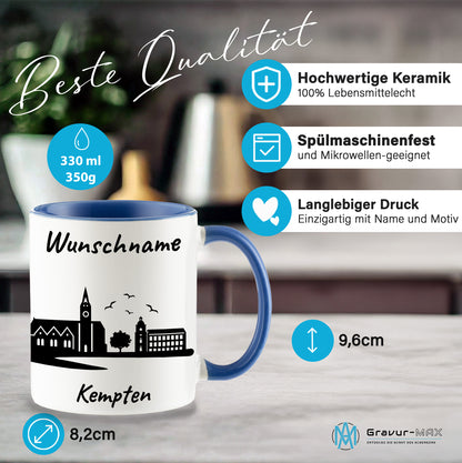 Tasse in Cambridge Blau 330ml bedruckt mit der Skyline von Kempten personalisierbar mit Wunschname