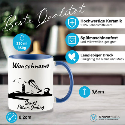 Tasse in Cambridge Blau 330ml bedruckt mit der Skyline von Sankt Peter-Ording personalisierbar mit Wunschname