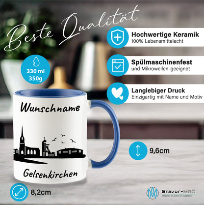 Tasse in Cambridge Blau 330ml bedruckt mit der Skyline von Gelsenkirchen personalisierbar mit Wunschname