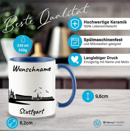 Tasse in Cambridge Blau 330ml bedruckt mit der Skyline von Stuttgart personalisierbar mit Wunschname