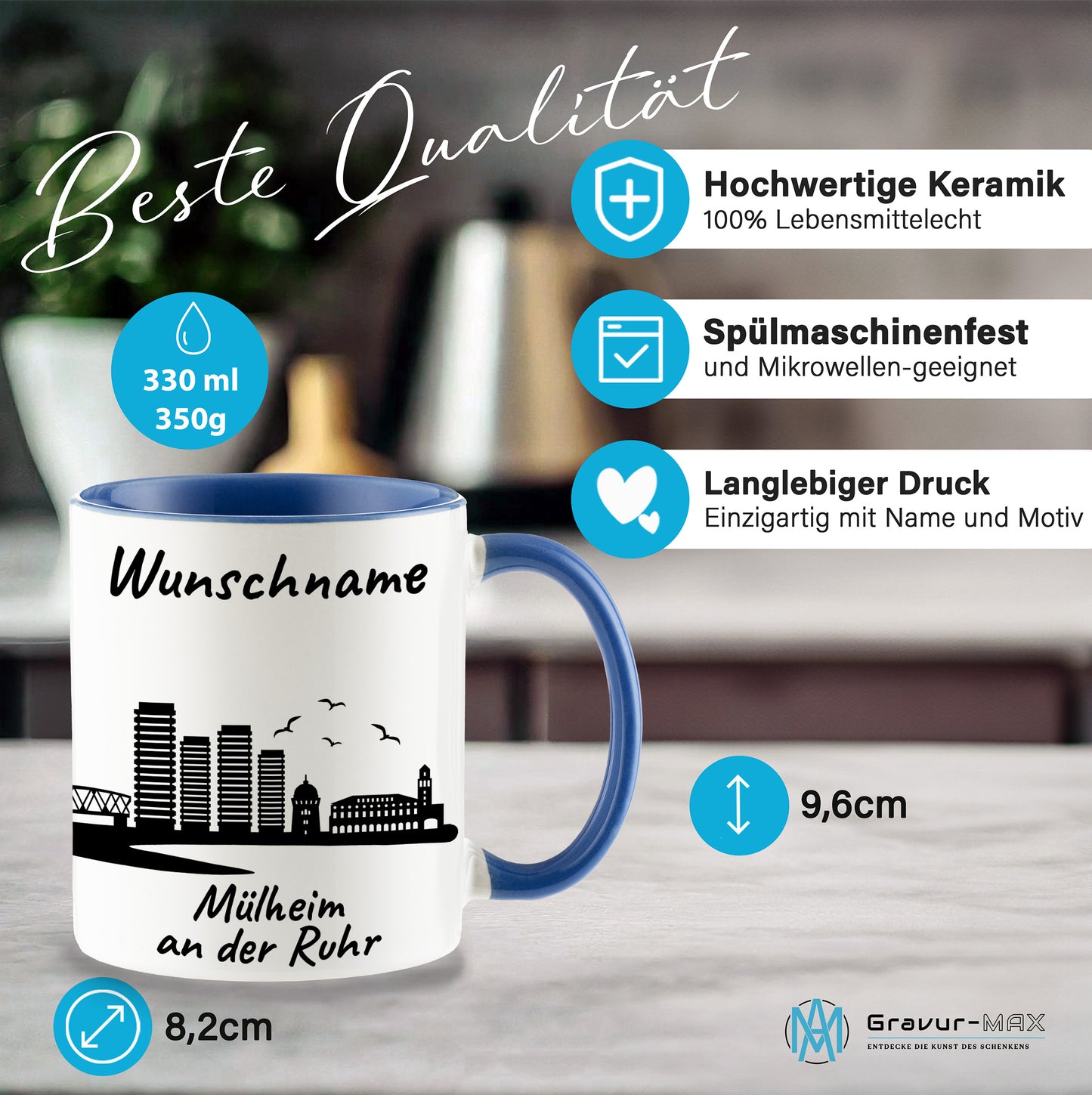 Tasse in Cambridge Blau 330ml bedruckt mit der Skyline von Mülheim an der Ruhr personalisierbar mit Wunschname