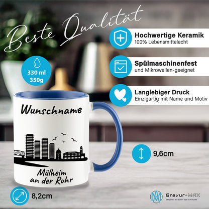 Tasse in Cambridge Blau 330ml bedruckt mit der Skyline von Mülheim an der Ruhr personalisierbar mit Wunschname