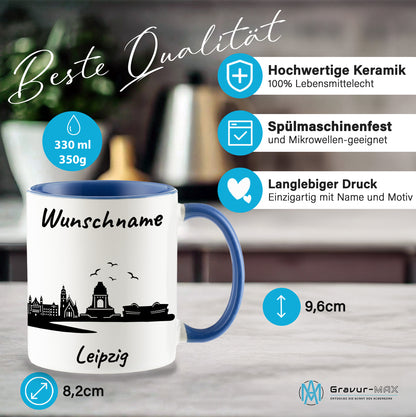 Tasse in Cambridge Blau 330ml bedruckt mit der Skyline von Leipzig personalisierbar mit Wunschname