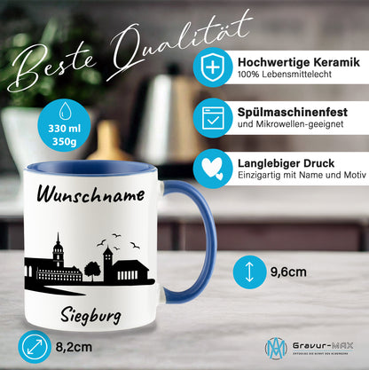 Tasse in Cambridge Blau 330ml bedruckt mit der Skyline von Siegburg personalisierbar mit Wunschname