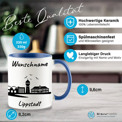 Tasse in Cambridge Blau 330ml bedruckt mit der Skyline von Lippstadt personalisierbar mit Wunschname