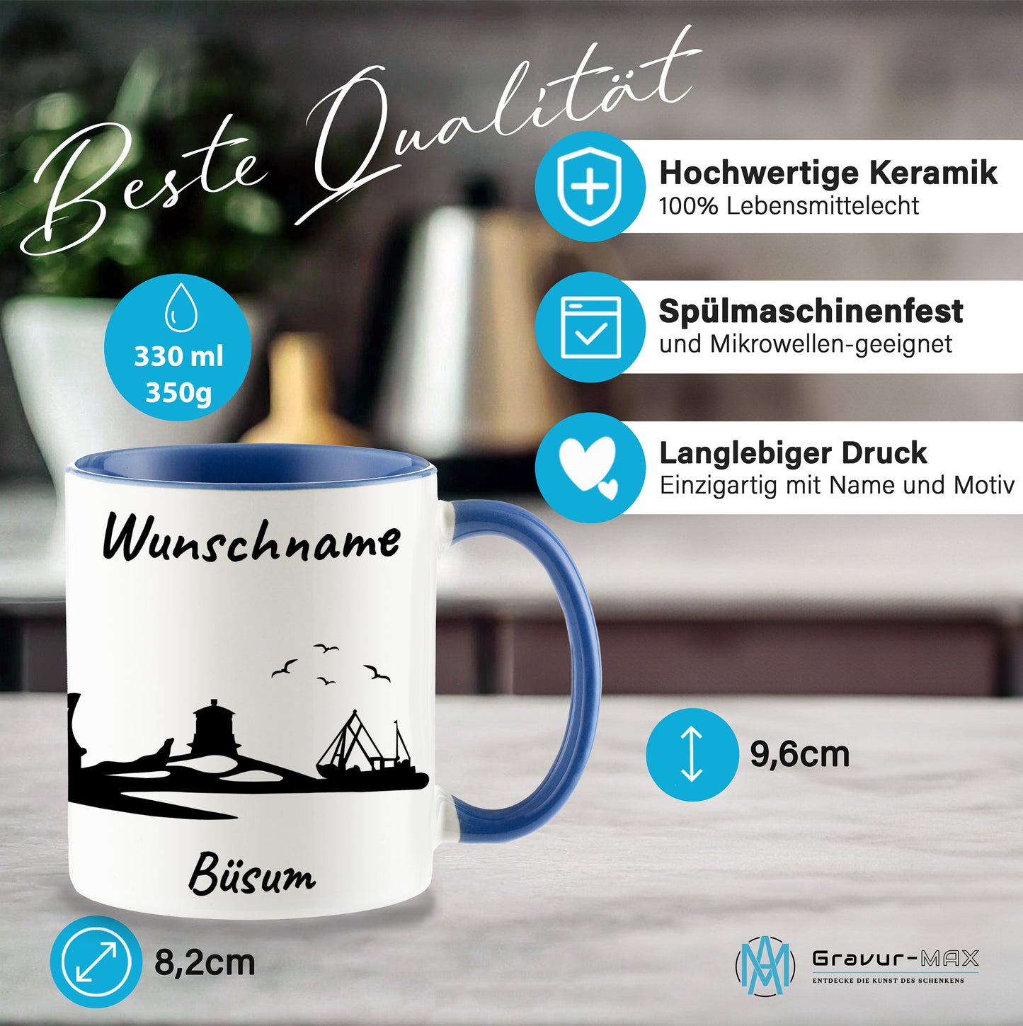 Tasse in Cambridge Blau 330ml bedruckt mit der Skyline von Büsum personalisierbar mit Wunschname