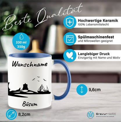 Tasse in Cambridge Blau 330ml bedruckt mit der Skyline von Büsum personalisierbar mit Wunschname