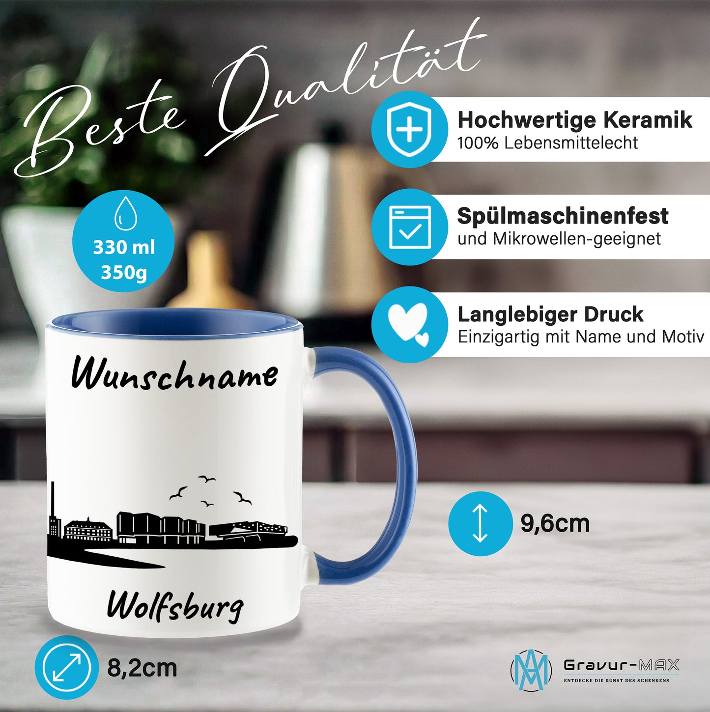 Tasse in Cambridge Blau 330ml bedruckt mit der Skyline von Wolfsburg personalisierbar mit Wunschname