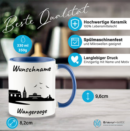 Tasse in Cambridge Blau 330ml bedruckt mit der Skyline von Wangerooge personalisierbar mit Wunschname