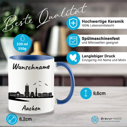 Tasse in Cambridge Blau 330ml bedruckt mit der Skyline von Aachen personalisierbar mit Wunschname