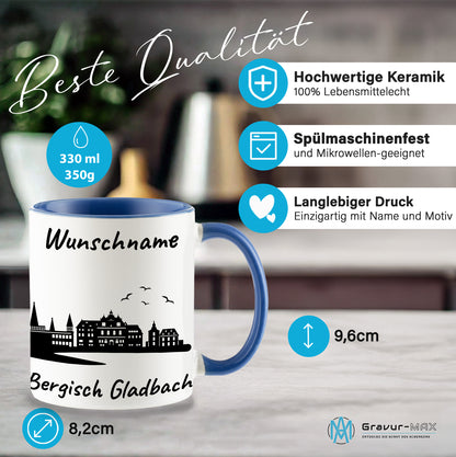 Tasse in Cambridge Blau 330ml bedruckt mit der Skyline von Bergisch Gladbach personalisierbar mit Wunschname