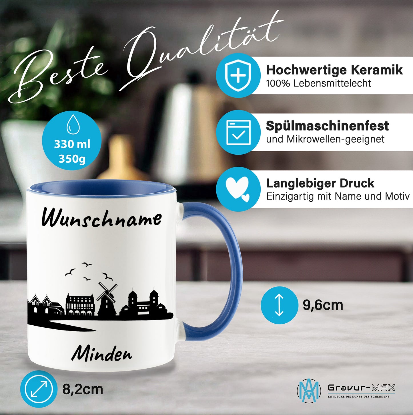 Tasse in Cambridge Blau 330ml bedruckt mit der Skyline von Minden personalisierbar mit Wunschname