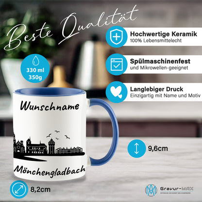 Tasse in Cambridge Blau 330ml bedruckt mit der Skyline von Mönchengladbach personalisierbar mit Wunschname