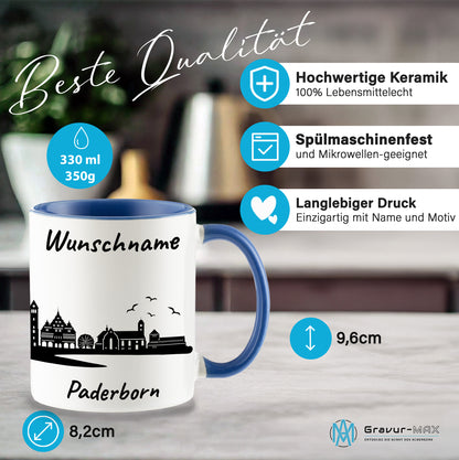 Tasse in Cambridge Blau 330ml bedruckt mit der Skyline von Paderborn personalisierbar mit Wunschname