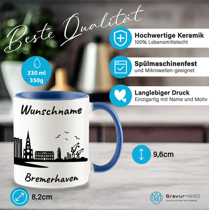 Tasse in Cambridge Blau 330ml bedruckt mit der Skyline von Bremerhaven personalisierbar mit Wunschname