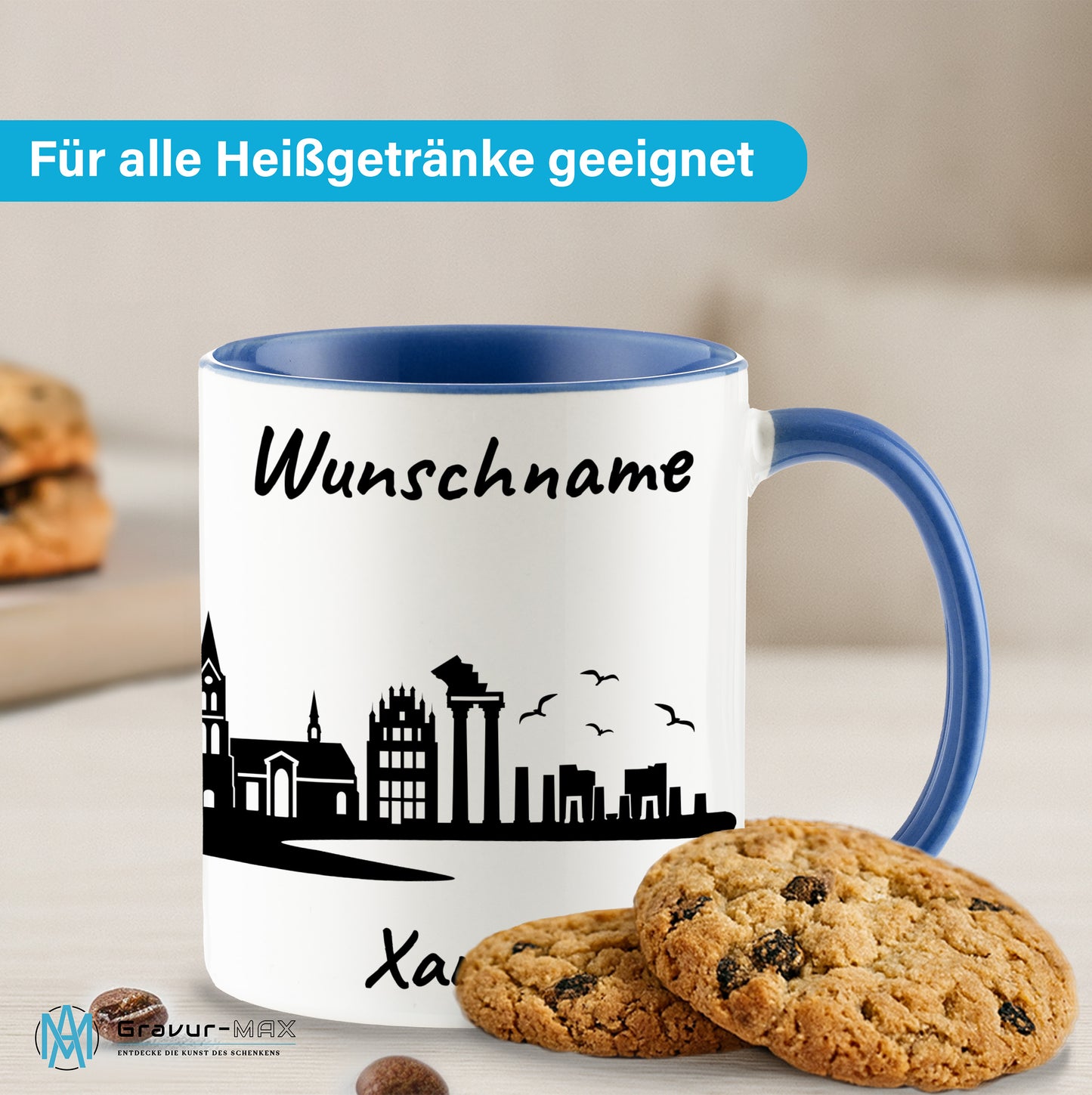 Tasse in Cambridge Blau 330ml bedruckt mit der Skyline von Xanten personalisierbar mit Wunschname