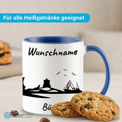 Tasse in Cambridge Blau 330ml bedruckt mit der Skyline von Büsum personalisierbar mit Wunschname