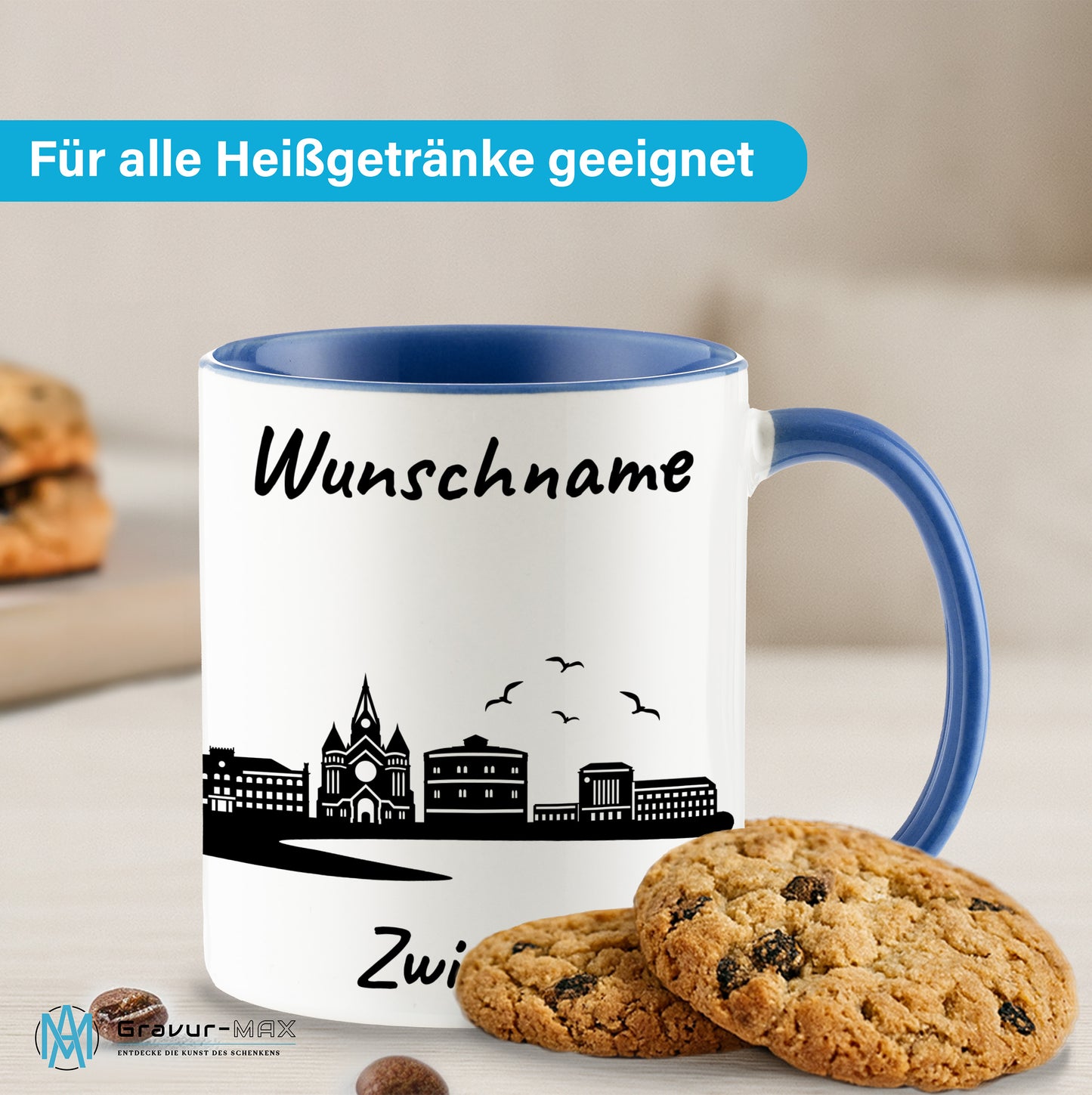 Tasse in Cambridge Blau 330ml bedruckt mit der Skyline von Zwickau personalisierbar mit Wunschname