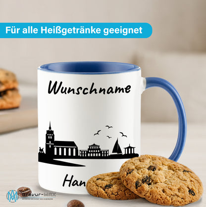 Tasse in Cambridge Blau 330ml bedruckt mit der Skyline von Hannover personalisierbar mit Wunschname