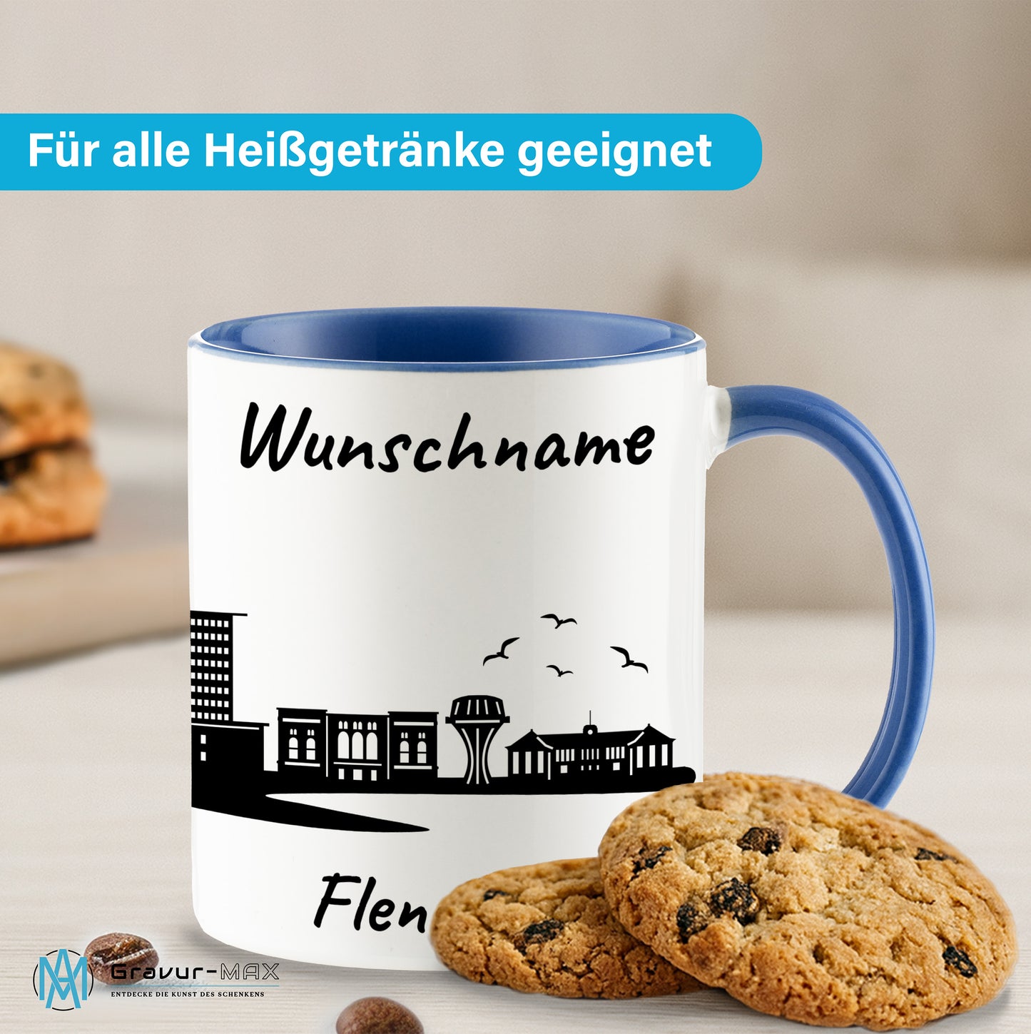 Tasse in Cambridge Blau 330ml bedruckt mit der Skyline von Flensburg personalisierbar mit Wunschname