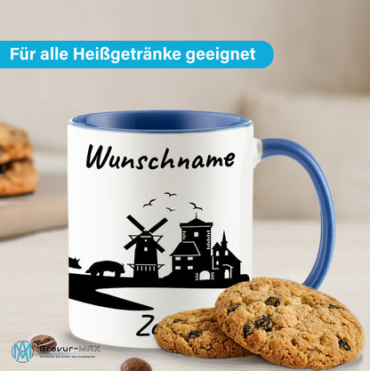 Tasse in Cambridge Blau 330ml bedruckt mit der Skyline von Zons (Dormagen) personalisierbar mit Wunschname