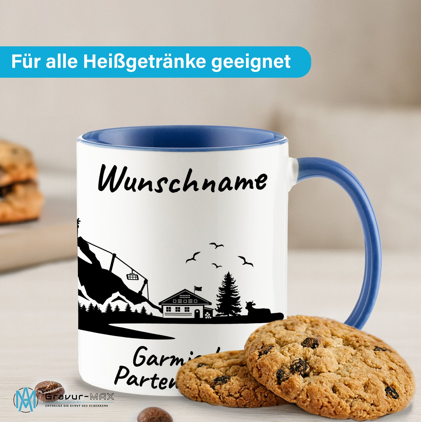 Tasse in Cambridge Blau 330ml bedruckt mit der Skyline von Garmisch-Partenkirchen personalisierbar mit Wunschname