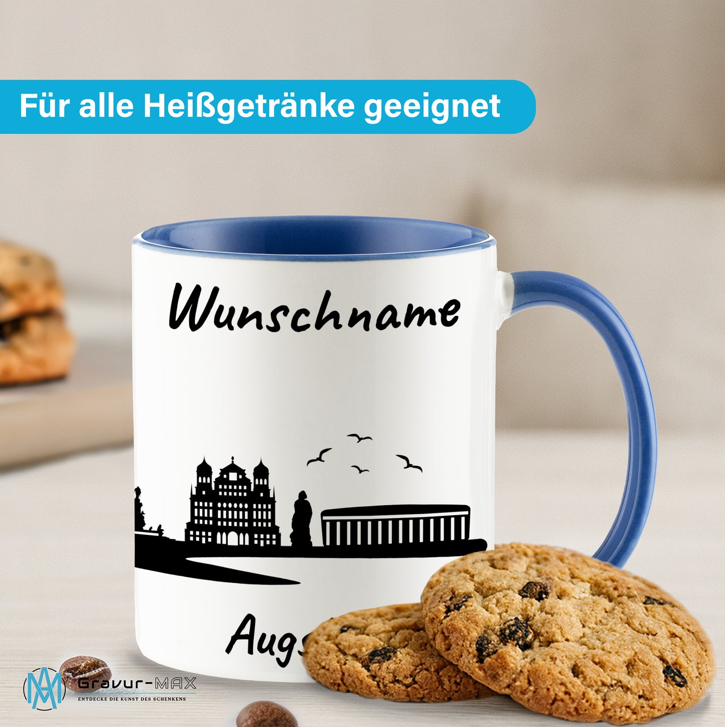 Tasse in Cambridge Blau 330ml bedruckt mit der Skyline von Augsburg personalisierbar mit Wunschname