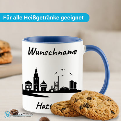 Tasse in Cambridge Blau 330ml bedruckt mit der Skyline von Hattingen personalisierbar mit Wunschname