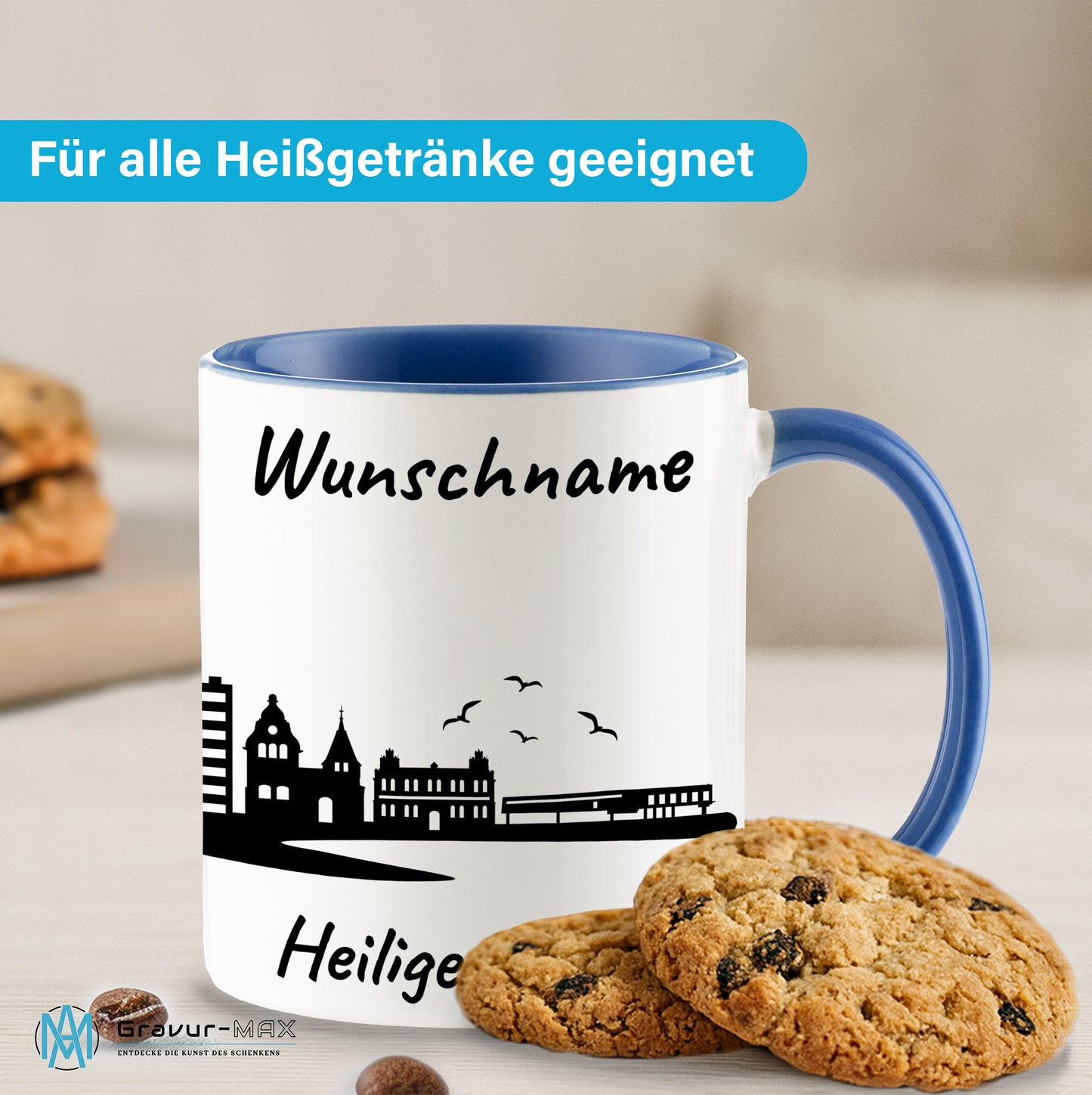 Tasse in Cambridge Blau 330ml bedruckt mit der Skyline von Heiligenhafen personalisierbar mit Wunschname