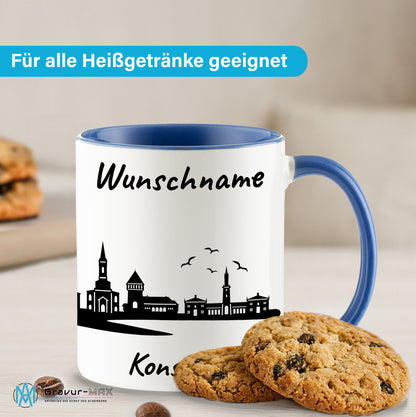 Tasse in Cambridge Blau 330ml bedruckt mit der Skyline von Konstanz personalisierbar mit Wunschname