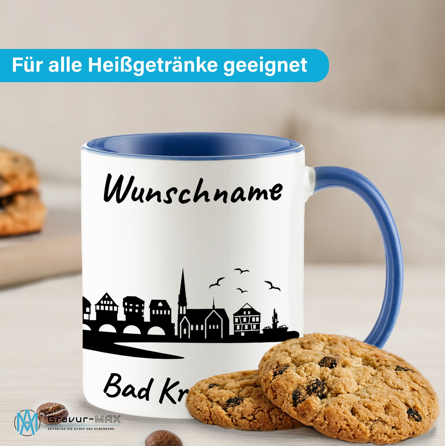 Tasse in Cambridge Blau 330ml bedruckt mit der Skyline von Bad Kreuznach personalisierbar mit Wunschname