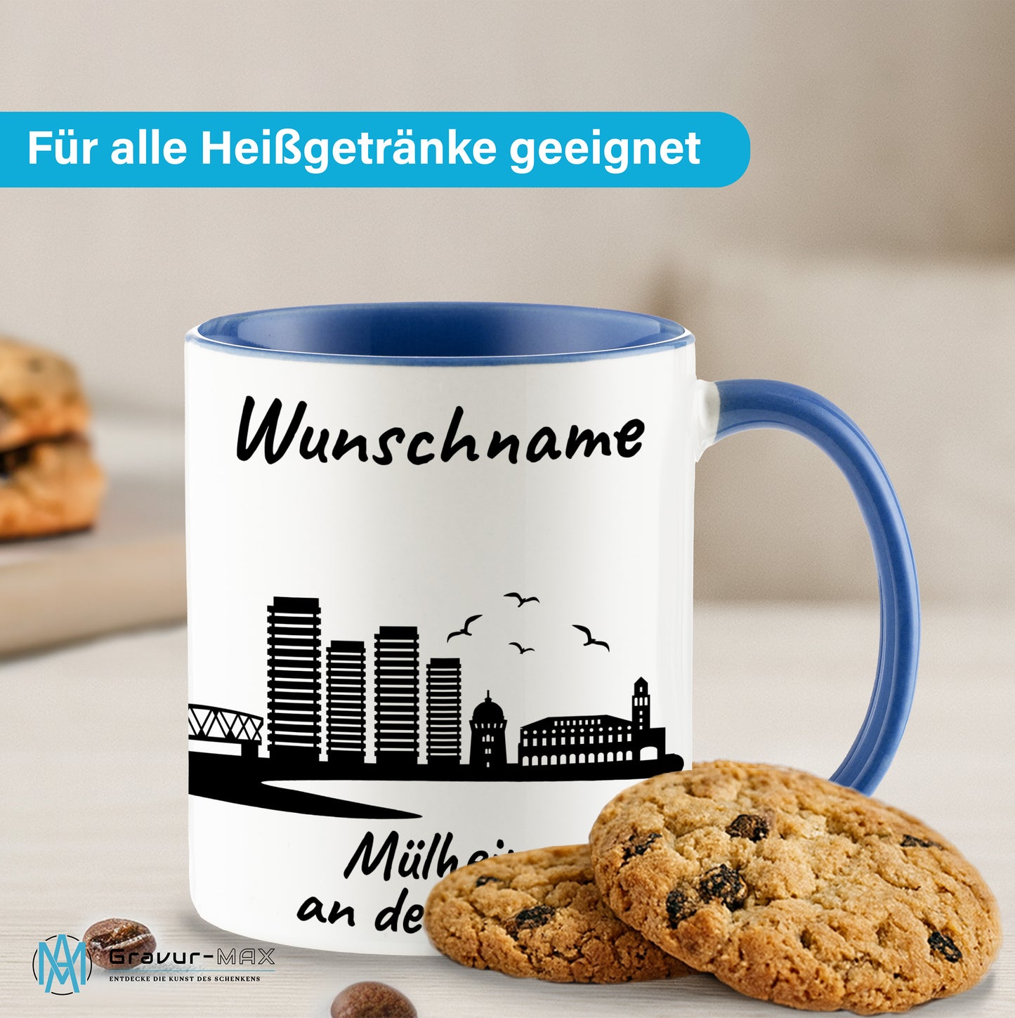 Tasse in Cambridge Blau 330ml bedruckt mit der Skyline von Mülheim an der Ruhr personalisierbar mit Wunschname