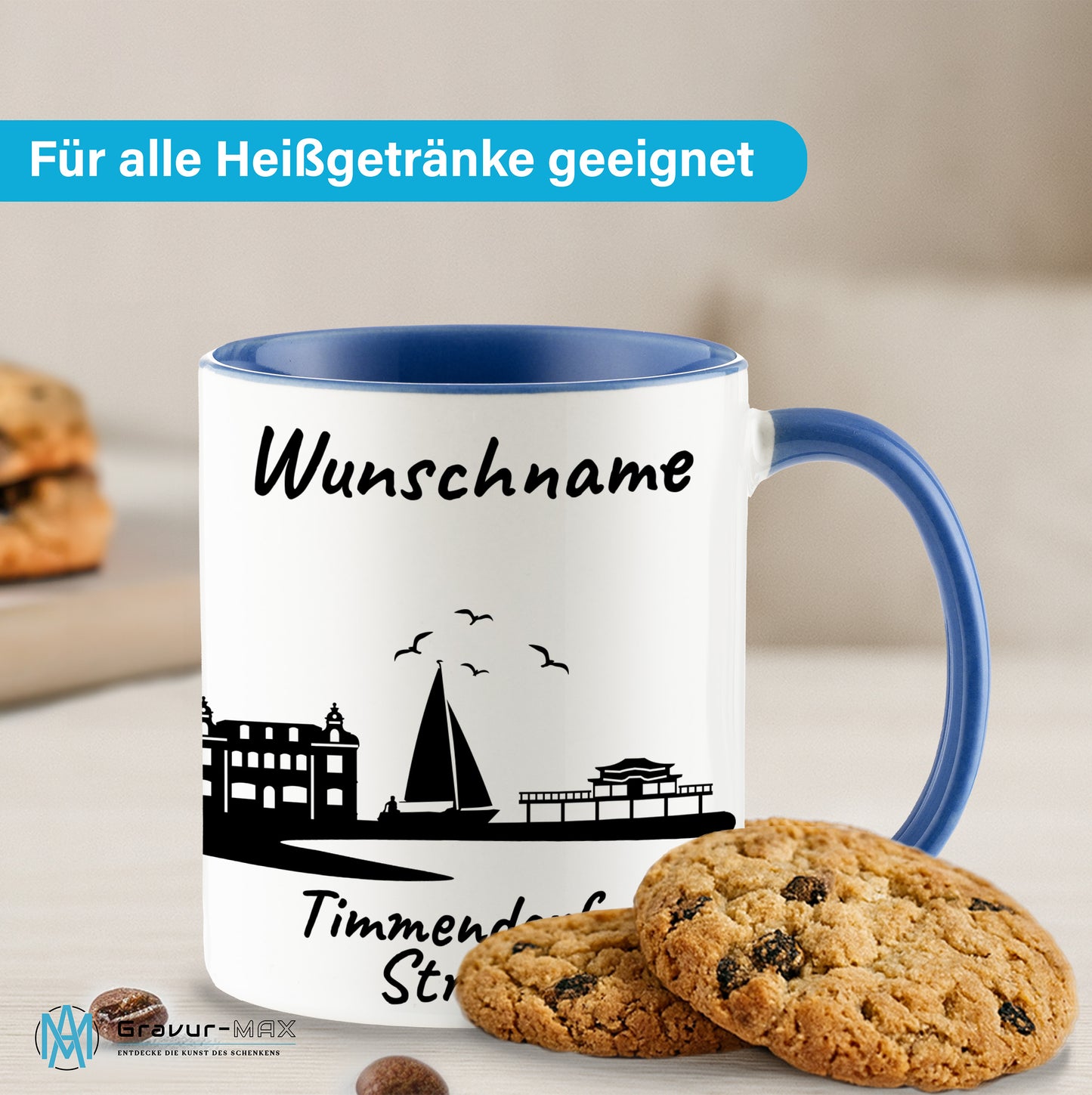 Tasse in Cambridge Blau 330ml bedruckt mit der Skyline von Timmendorfer Strand personalisierbar mit Wunschname