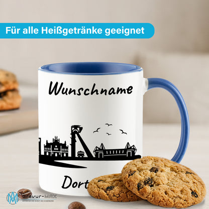 Tasse in Cambridge Blau 330ml bedruckt mit der Skyline von Dortmund personalisierbar mit Wunschname