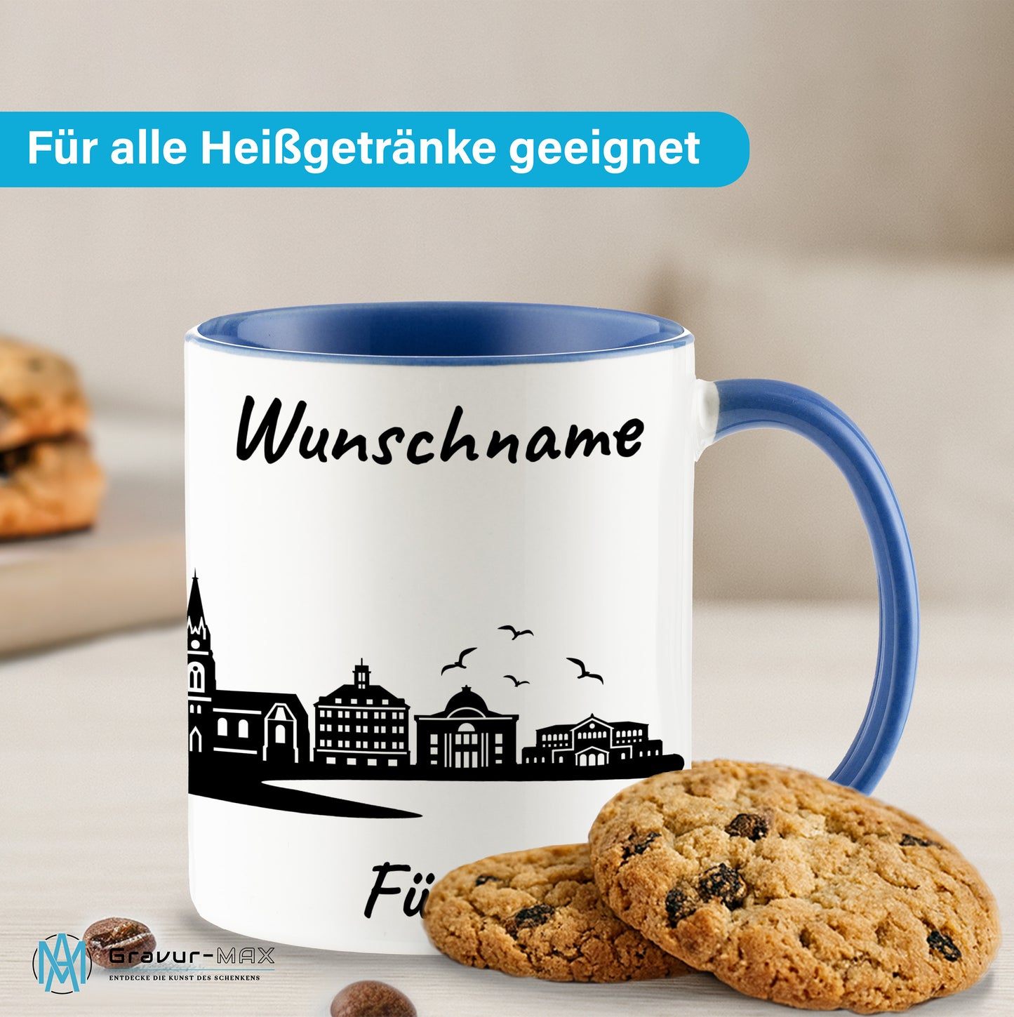 Tasse in Cambridge Blau 330ml bedruckt mit der Skyline von Fürth personalisierbar mit Wunschname