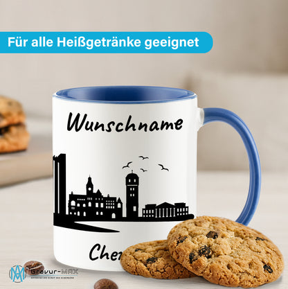 Tasse in Cambridge Blau 330ml bedruckt mit der Skyline von Chemnitz personalisierbar mit Wunschname