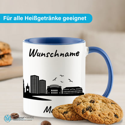 Tasse in Cambridge Blau 330ml bedruckt mit der Skyline von Mainz personalisierbar mit Wunschname
